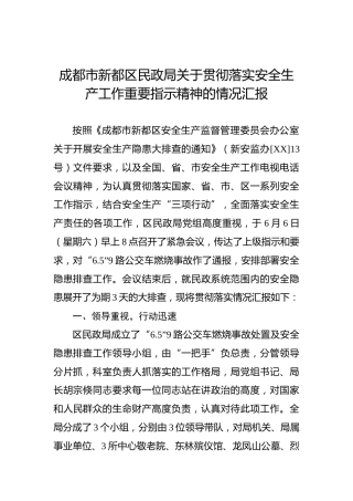成都市新都区民政局关于贯彻落实安全生产工作重要指示精神的情况汇报