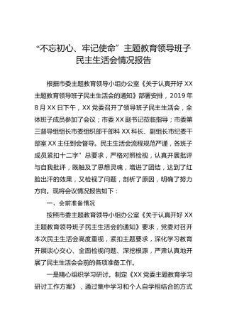 第二批“不忘初心、牢记使命”主题教育：领导班子民主生活会情况报告