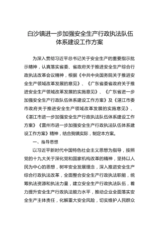 白沙镇进一步加强安全生产行政执法队伍体系建设工作方案