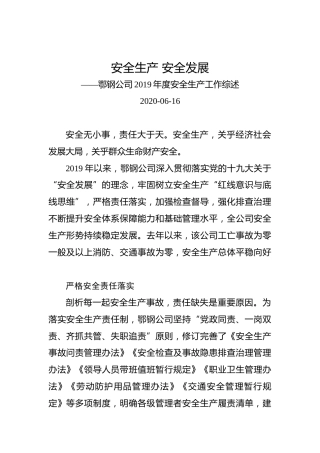 安全生产安全发展——鄂钢公司2019年度安全生产工作综述