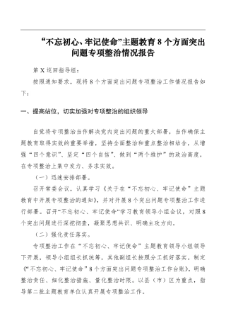 第二批“不忘初心、牢记使命”主题教育：“不忘初心、牢记使命”主题教育8方面突出问题专项整治情况报告