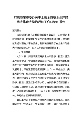 阿巴嘎旗安委办关于上报全旗安全生产隐患大排查大整治行动工作总结的报告