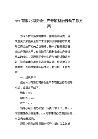 xxx有限公司安全生产专项整治行动工作方案