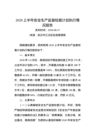 2020上半年安全生产监督检查计划执行情况报告