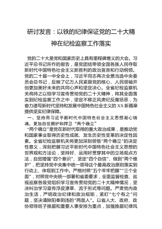 研讨发言：以铁的纪律保证党的二十大精神在纪检监察工作落实