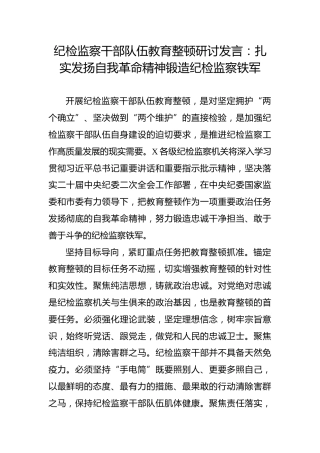 纪检监察干部队伍教育整顿研讨发言：扎实发扬自我革命精神锻造纪检监察铁军