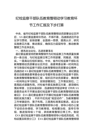 纪检监察干部队伍教育整顿动学习教育环节工作汇报及下步打算