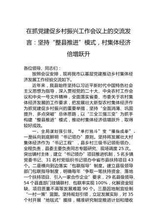 在抓党建促乡村振兴工作会议上的交流发言：坚持“整县推进”模式，村集体经济倍增跃升