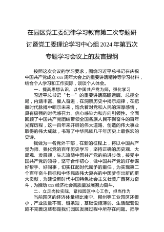 在园区党工委党纪学习教育第二次专题研讨暨党工委理论学习中心组2024年第五次专题学习会议上的发言提纲