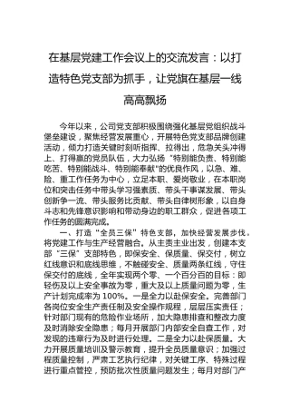 在基层党建工作会议上的交流发言：以打造特色党支部为抓手，让党旗在基层一线高高飘扬