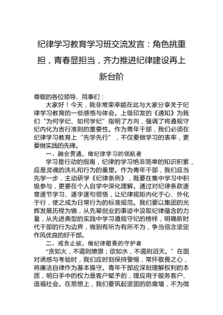 纪律学习教育学习班交流发言：角色挑重担，青春显担当，齐力推进纪律建设再上新台阶