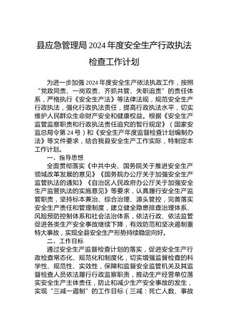 县应急管理局2024年度安全生产行政执法检查工作计划