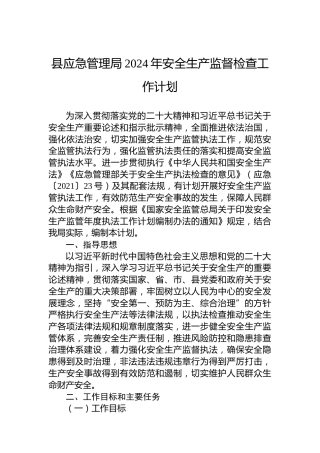 县应急管理局2024年安全生产监督检查工作计划