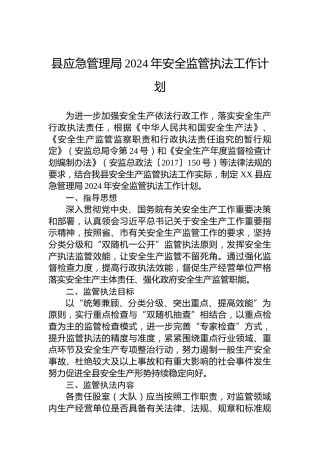 县应急管理局2024年安全监管执法工作计划