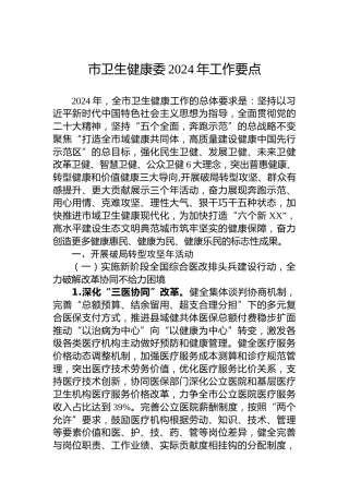 市卫生健康委2024年工作要点