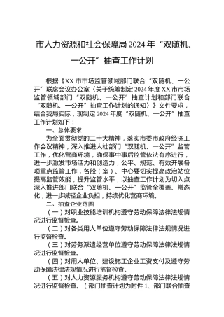 市人力资源和社会保障局2024年“双随机、一公开”抽查工作计划
