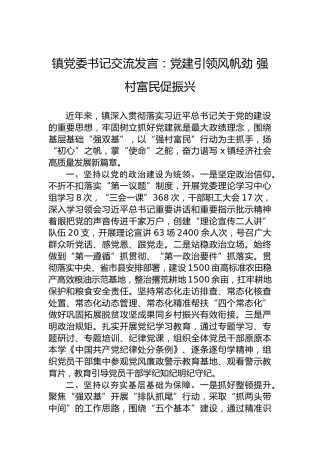 镇党委书记交流发言：党建引领风帆劲 强村富民促振兴