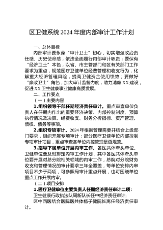 区卫健系统2024年度内部审计工作计划