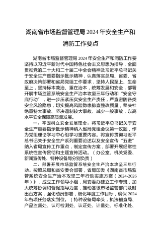 湖南省市场监督管理局2024年安全生产和消防工作要点