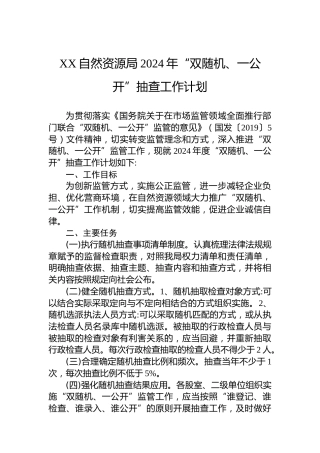XX自然资源局2024年“双随机、一公开”抽查工作计划
