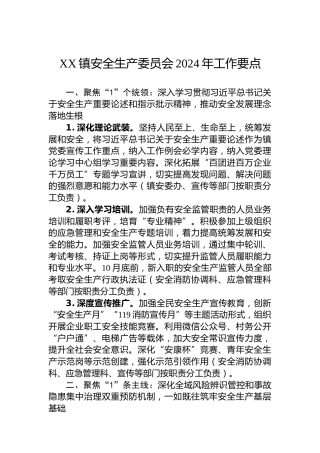 XX镇安全生产委员会2024年工作要点(