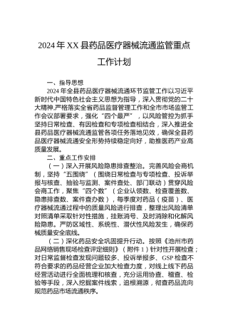 2024年XX县药品医疗器械流通监管重点工作计划