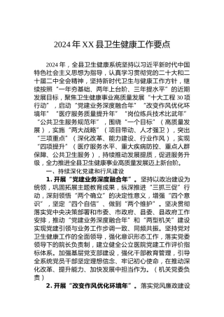 2024年XX县卫生健康工作要点