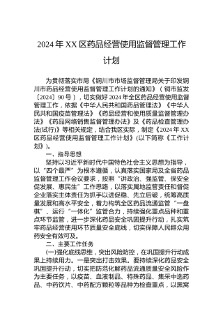 2024年XX区药品经营使用监督管理工作计划