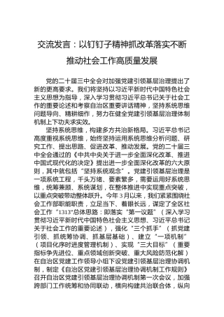 交流发言：以钉钉子精神抓改革落实不断推动社会工作高质量发展