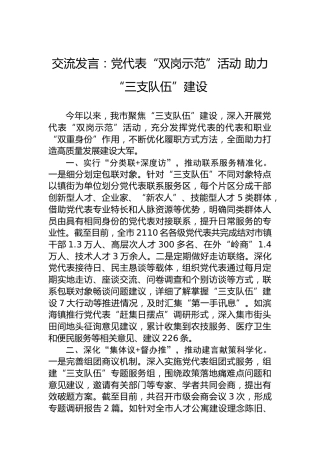 交流发言：党代表“双岗示范”活动 助力“三支队伍”建设