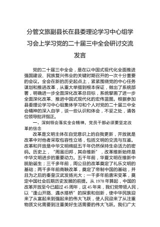 分管文旅副县长在县委理论学习中心组学习会上学习党的二十届三中全会研讨交流发言