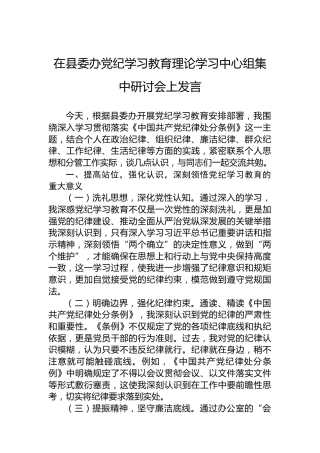 在县委办党纪学习教育理论学习中心组集中研讨会上发言