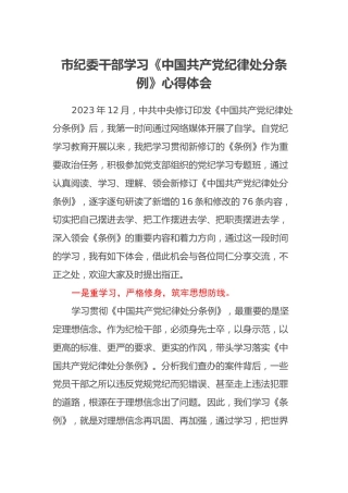 市纪委干部学习《中国共产党纪律处分条例》心得体会