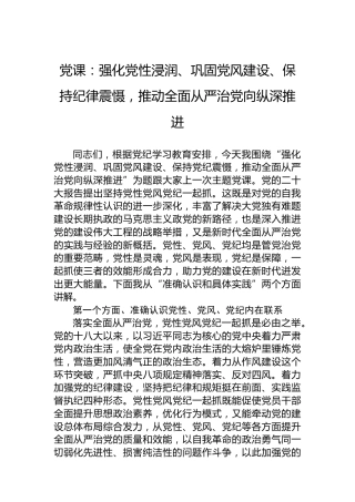 党课：强化党性浸润、巩固党风建设、保持党纪震慑，推动全面从严治党向纵深推进