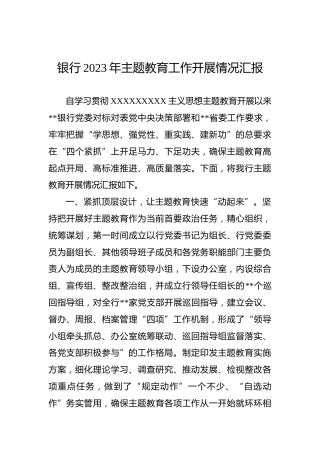 银行2023年主题教育工作开展情况汇报