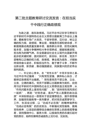 第二批主题教育研讨交流发言：在担当实干中践行正确政绩观