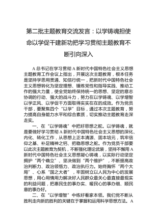 第二批主题教育交流发言：以学铸魂担使命以学促干建新功把学习贯彻主题教育不断引向深入