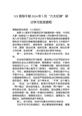 XX领导干部2024年5月“六大纪律”研讨学习发言提纲
