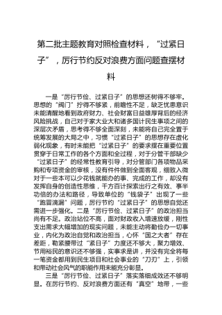 第二批主题教育对照检查材料，“过紧日子”，厉行节约反对浪费方面问题查摆材料