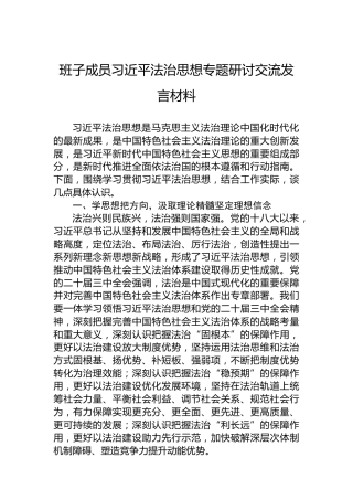 班子成员习近平法治思想专题研讨交流发言材料