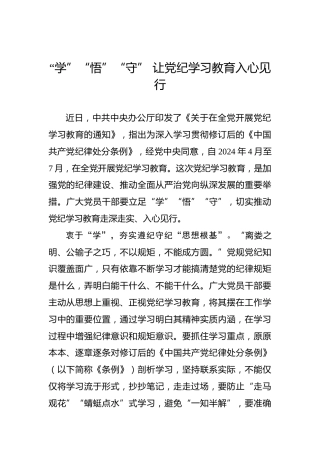 “学”“悟”“守” 让党纪学习教育入心见行