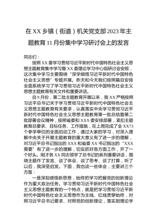 在XX乡镇（街道）机关党支部2023年主题教育11月份集中学习研讨会上的发言