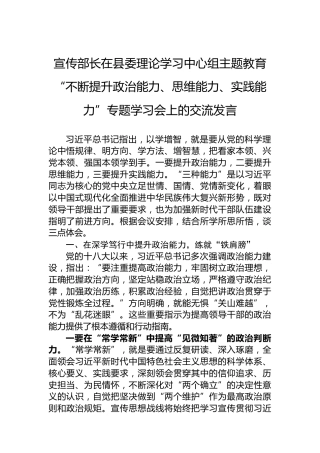宣传部长在县委理论学习中心组主题教育“不断提升政治能力、思维能力、实践能力”专题学习会上的交流发言