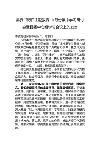 县委书记在主题教育10月份集中学习研讨会暨县委中心组学习会议上的发言