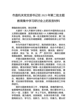 市直机关党支部书记在2023年第二批主题教育集中学习研讨会上的发言材料