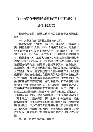 市工信局在主题教育阶段性工作推进会上的汇报发言