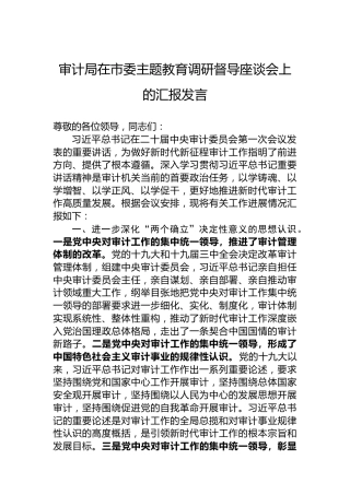审计局在市委主题教育调研督导座谈会上的汇报发言