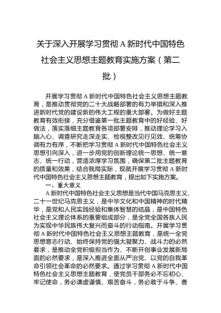 关于深入开展学习贯彻习近平新时代中国特色社会主义思想主题教育实施方案（第二批）