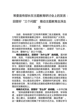 常委宣传部长在主题教育研讨会上的发言：回答好“三个问题”推动主题教育走深走实