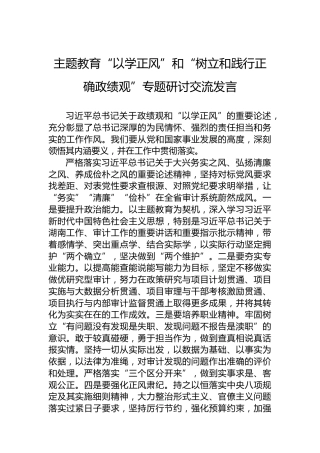 主题教育“以学正风”和“树立和践行正确政绩观”专题研讨交流发言